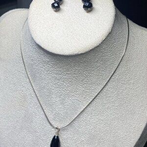 Italian 925 Silver Necklace & Earrings Set Black Stone 16” Vintage